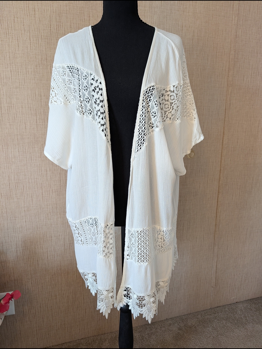 new directions White Lace-Trim Flowy Open Kimono Cape